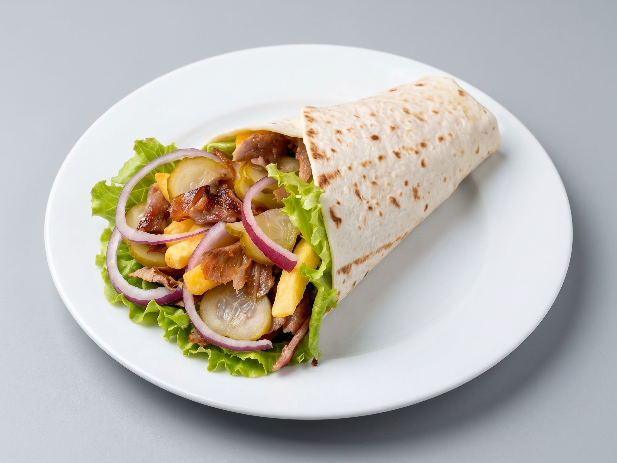 Shaorma de pui Happy Doner cu carne kebab, cartofi prăjiți, castraveți murați și ceapă roșie